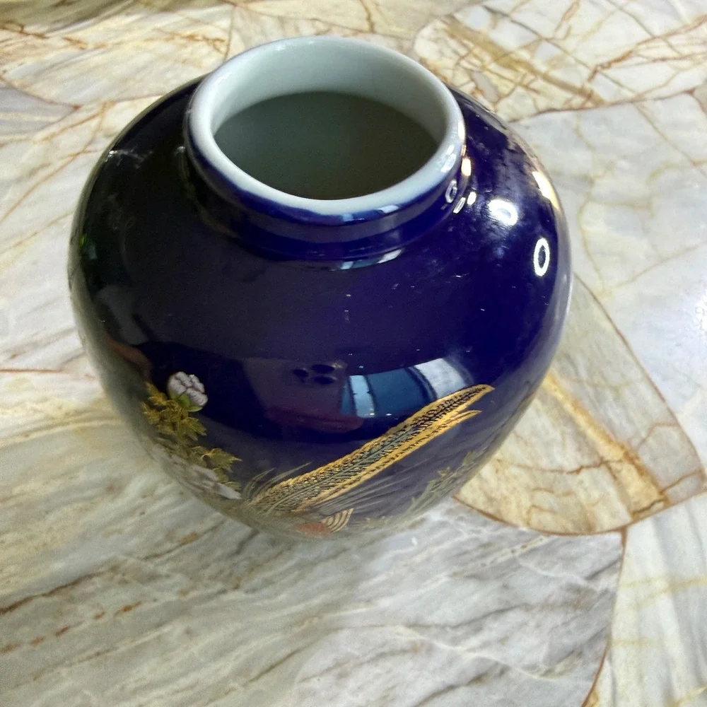 Cobalt Blue Gold Pheasant Peony Porcelain Bud Vase Chinoiserie Asian Decor